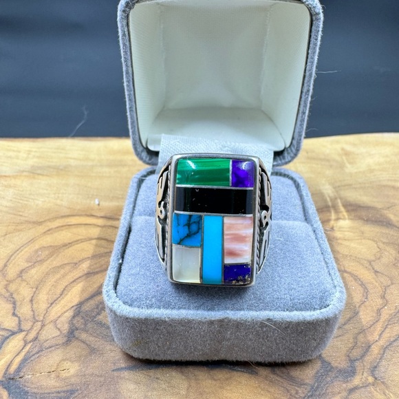 Antique Zuni MOP Turquoise Jasper Carnelian Lapis Malachite IObsidian Ring - Picture 7 of 8